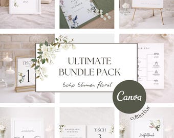 Boho floral, stress-free wedding template set | with pocketfold invitation DIY Canva instant download | 10 uniform customizable templates