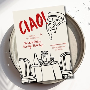 Ciao bella italia | Invitación para una Noche de Pizza y Pasta | 30.º cumpleaños | Tarjeta de invitación para "Treinta Sucia" | Plantilla digital de Canva