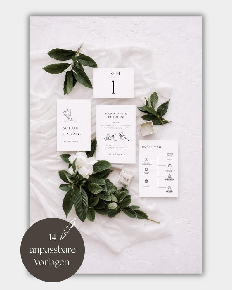 May include: A collection of white wedding stationery cards featuring black text and line art illustrations, including a table number, a shoe garage sign, a ceremony program, and a timeline card, accented by green leaves and a small ring box.