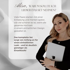 May include: A white rectangular sign with black German text that reads: Alisa, WARUM SOLLTE ICH LIEBER DAS SET NEHMEN? Viele Paare starten mit einer Einladung und merken sp&auml;ter, wie viel sch&ouml;ner es ist, wenn die gesamte Hochzeit in einem einheitlichen Design gestaltet ist. Das komplette Set sorgt von Anfang an f&uuml;r einen einheitlichen Look - und ist deutlich g&uuml;nstiger als Einzelk&auml;ufe!