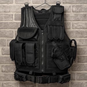 Taktische Gebrauchsweste für Männer - Schwarze Kampfweste mit Holster & Taschen - Jagd, Airsoft, Survival Outfit
