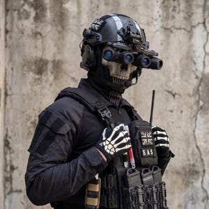 Ghost komplett OG-set | Taktisk skalle-cosplaydräkt | Komplett headset, hjälm, NVG, laddad väst och klädset | Militär cosplay