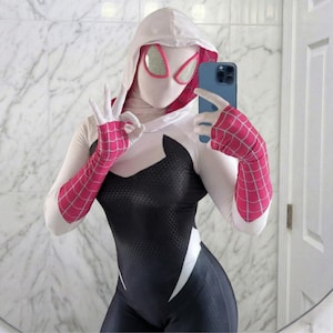 Gwen Spider Cosplay Suit for Women – Hooded Superhero Bodysuit – Halloween Costume, Comic Con Outfit, Stretch Zentai Suit, Full Body Costume