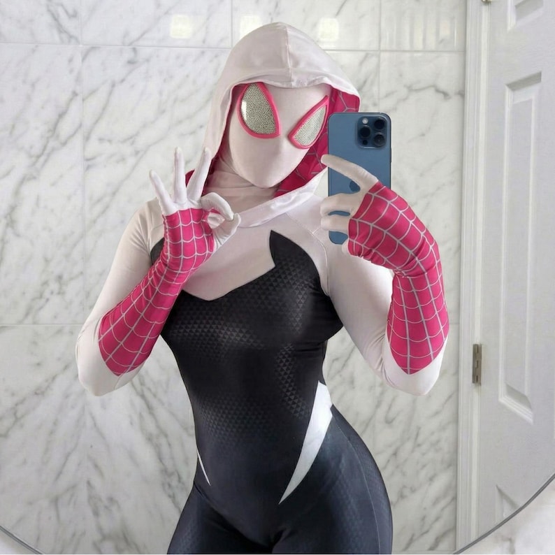 Gwen Spider Cosplay Suit for Women – Hooded Superhero Bodysuit – Halloween Costume, Comic Con Outfit, Stretch Zentai Suit, Full Body Costume