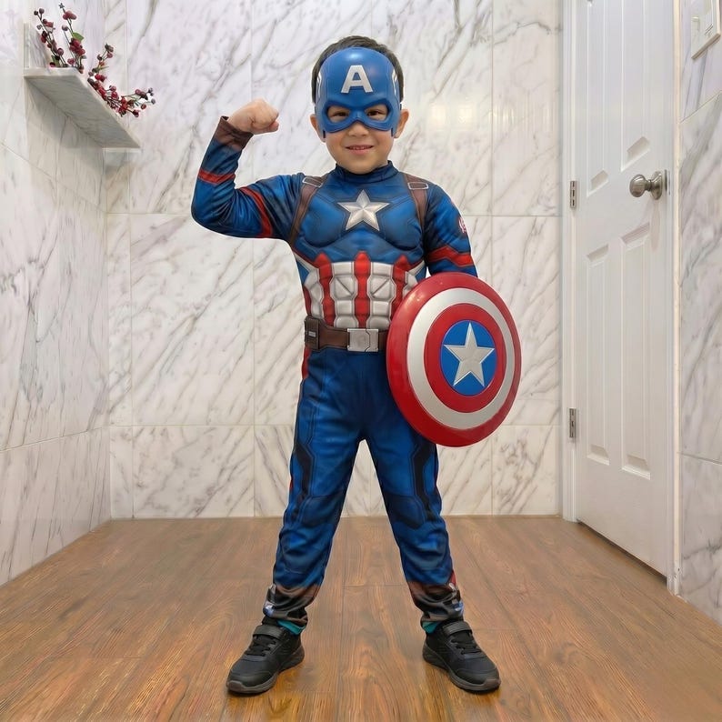 Captain Kids Costume Set with Shield | Superhero Bodysuit for Boys | Halloween Outfit | Kids Hero Suit | Birthday Gift Cosplay Costume
