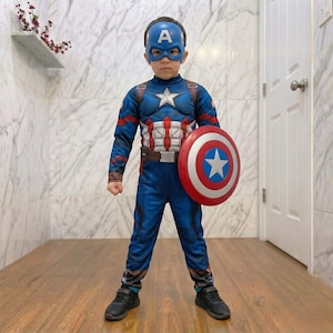Captain Kids Costume Set with Shield | Superhero Bodysuit for Boys | Halloween Outfit | Kids Hero Suit | Birthday Gift Cosplay Costume