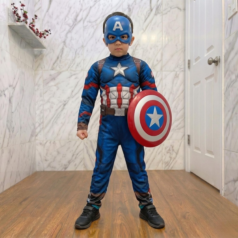Captain Kids Costume Set with Shield | Superhero Bodysuit for Boys | Halloween Outfit | Kids Hero Suit | Birthday Gift Cosplay Costume