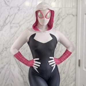 Gwen Spider Cosplay Suit for Women – Hooded Superhero Bodysuit – Halloween Costume, Comic Con Outfit, Stretch Zentai Suit, Full Body Costume