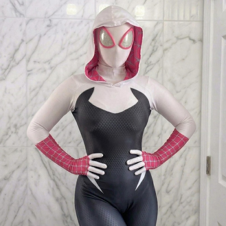 Gwen Spider Cosplay Suit for Women – Hooded Superhero Bodysuit – Halloween Costume, Comic Con Outfit, Stretch Zentai Suit, Full Body Costume