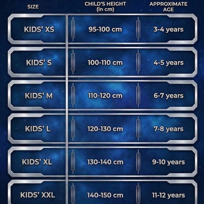 May include: A size chart for children's clothing, with sizes ranging from XS to XXL. The chart includes corresponding heights in centimeters (95-150 cm) and approximate ages (3-12 years). The design features a dark blue background with a metallic silver border.
