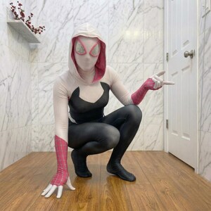 Gwen Spider Cosplay Suit for Women – Hooded Superhero Bodysuit – Halloween Costume, Comic Con Outfit, Stretch Zentai Suit, Full Body Costume