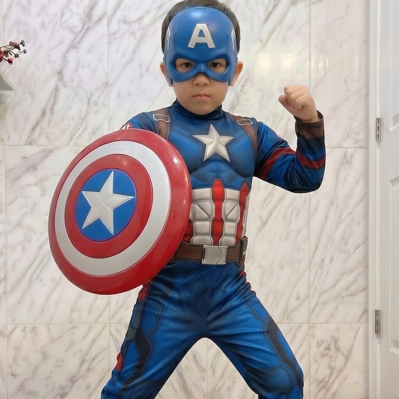 Captain Kids Costume Set with Shield | Superhero Bodysuit for Boys | Halloween Outfit | Kids Hero Suit | Birthday Gift Cosplay Costume