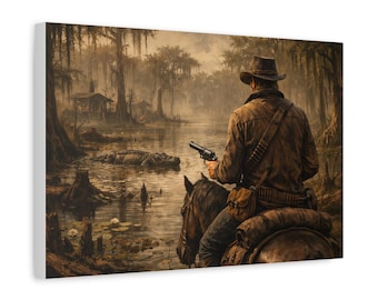 Op RDR geïnspireerde canvas muurkunst | Landschapskunstwerk westerncowboy | Rustieke gamerkamerdecoratie | Filmische canvasafdruk van het wilde westen