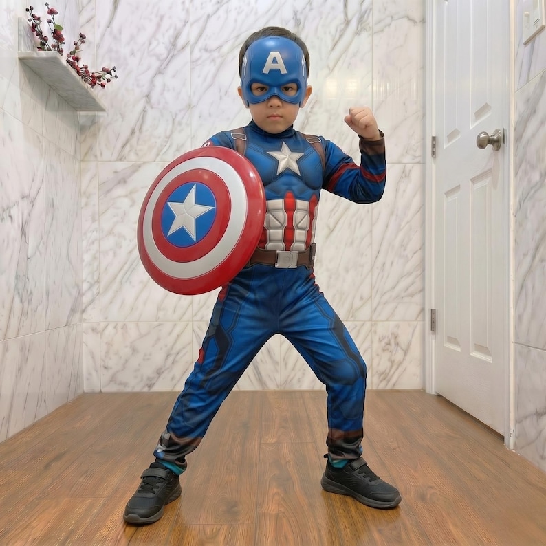Captain Kids Costume Set with Shield | Superhero Bodysuit for Boys | Halloween Outfit | Kids Hero Suit | Birthday Gift Cosplay Costume
