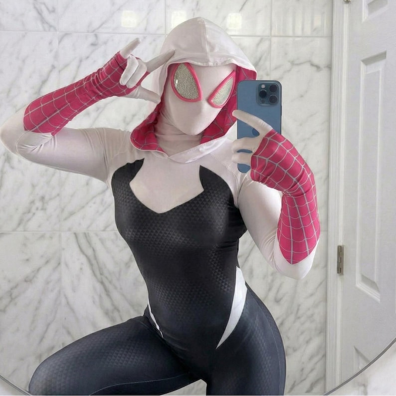 Gwen Spider Cosplay Suit for Women – Hooded Superhero Bodysuit – Halloween Costume, Comic Con Outfit, Stretch Zentai Suit, Full Body Costume