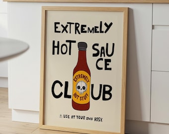 Hot Sauce Club Art Print, Spicy Kitchen Poster, Funny Food Illustration MR15