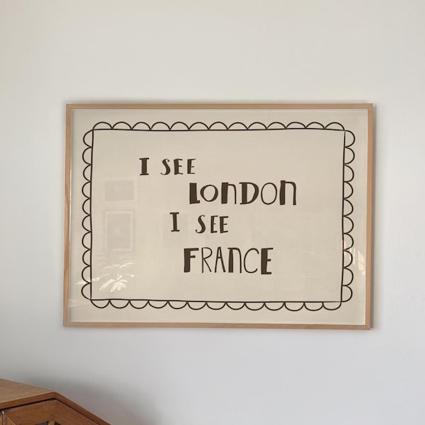 Impresión divertida para baño "Veo Londres, veo Francia", póster, arte de pared peculiar para baño, decoración moderna para baño de invitados, imprimible, retrato y paisaje