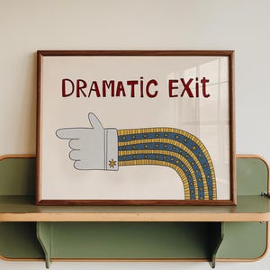 Dramatic Exit Print, Whimsical Retro Doodle Poster, Left-Pointing Hand Wall Art for Entryway or Living Room, Unframed MR47