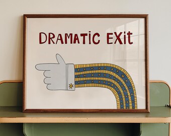 Dramatic Exit Print, Whimsical Retro Doodle Poster, Left-Pointing Hand Wall Art for Entryway or Living Room, Unframed MR47