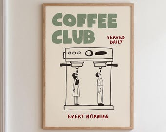 Retro Coffee Machine Wall Art | Hand Drawn Coffee Print in Linen Green & Blue, Neutral Kitchen Poster, Minimalist Scandi Cafe Decor MR3
