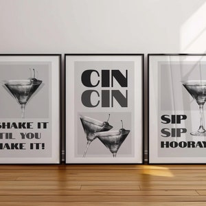 Set of 3 Monochrome Bar Poster, Trendy Wall Art, Party Signature Drink Sign, Bar Cart Decor, Drink Art, Minimalist Retro Print, B&W Print 06