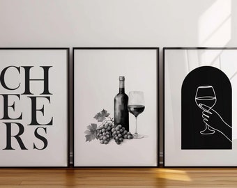 Set of 3 Wine Glass Posters, Trendy Bar Wall Art, Modern Kitchen Decor, Bar Cart Decor, Wine Lover Gift, Wine Print, Lounge Art Poster 54