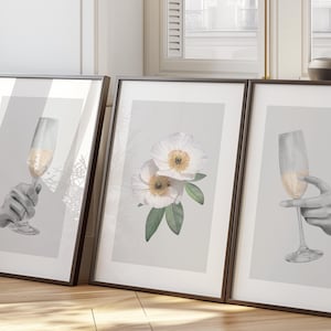 Set of 3 Bar Posters, Modern Kitchen Wall Art, Bar Cart Decor, Champagne Lover Gift, Cocktail Bar, Floral Wall Art, Elegant Lounge Print 93