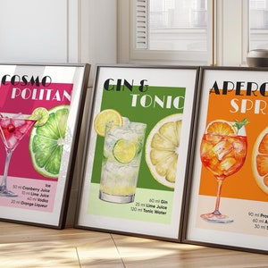 Colección de cócteles impresos: Aperol Spritz, Cosmopolitan, impresiones de pared de moda, póster de cócteles, decoración de carritos de bar, recetas de bebidas (juego de 3) Arte 02