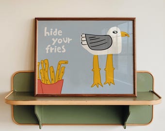 Funny Seagull Print, Beachy Wall Art, Quirky Beach House Decor, Hide Your Fries (MR162)