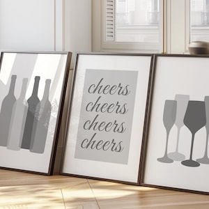 Set of 3 Wine Cheers Print, Trendy Bar Wall Art, Modern Kitchen Wall Decor, Bar Cart Decor, Monochrome Art, Glass Print Lounge Art Poster 63