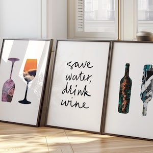 Set of 3 Save Water Drink Wine Print, Trendy Bar Wall Art, Modern Kitchen Decor, Bar Cart Decor, Wine Lover Gift, Lounge Art Poster 95