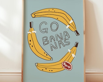 Go Bananas Poster, Funny Banana Art, Quirky Kitchen Wall Art, Weird Food Decor (MR163)