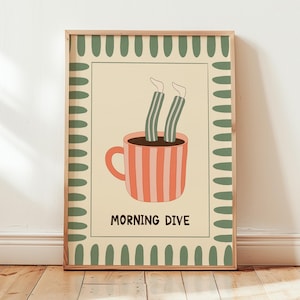 Coffee Diver Poster, Funny Good Morning Art, Coffee Station Print, Striped Mug, Quirky Kitchen Wall Decor, Colorful Coffee Lover Gift MR21