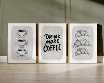 Coffee Croissant Print – Black and White Kitchen Wall Art (Physical Print) D149