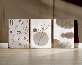 Neutral Coffee Art Prints Set, Minimalist Earth Tone Kitchen Decor D107