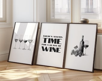 Set of 3 Wine Glass Posters, Trendy Bar Wall Art, Modern Kitchen Decor, Bar Cart Decor, Wine Lover Gift, Wine Print, Lounge Art Poster 55