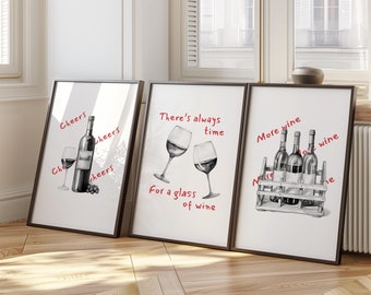 Set of 3 Artistic Wine Prints, Trendy Bar Art, Modern Kitchen Decor, Bar Cart Decor, Wine Lover Gift, Lounge Poster, Contemporary Art Set 58