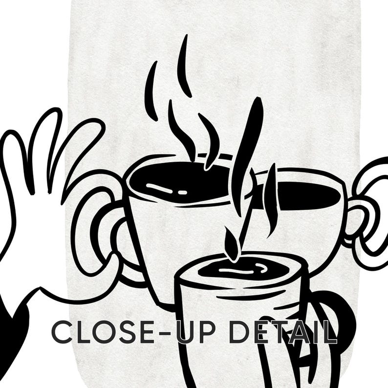 May include: Black and white illustration of three coffee mugs with steam rising from the top. The text "CLOSE-UP DETAIL" is printed at the bottom of the image. The mugs have large handles.