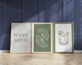 Green Kitchen Print Set, Cocktail Glass, Lime Slice, Bar Decor D147
