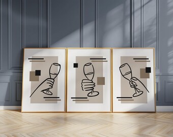 Champagne Glass Print Set, Minimalist Bar Cart Art, Modern Kitchen Decor D109