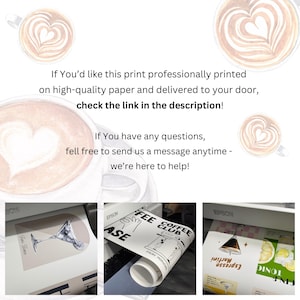 May include: Image featuring latte art and prints of cocktail and coffee-themed illustrations. Text includes "If You'd like this print professionally printed...check the link in the description!" and "If You have any questions...we're here to help!"