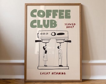 Retro Coffee Machine Wall Art | Hand Drawn Coffee Print in Linen Green & Blue, Neutral Kitchen Poster, Minimalist Scandi Cafe Decor MR3