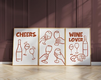 Wine Lover Line Art Print Set, Minimalist Kitchen Bar Decor D128