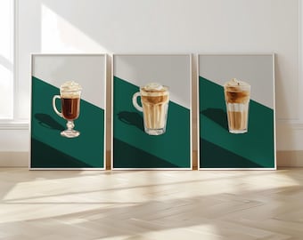Barista Wall Art Set of 3 – Modern Coffee Poster Prints for Cafes and Kitchens – Latte Cappuccino Irish Coffee Minimalist Art Decor D040