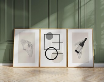 Minimalist Art Print Set – Wine, Hands, Geometric – Scandinavian Decor D116