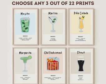 Cocktail Recipe Posters, Choose Any 3 Prints, Bar Cart Wall Art Decor D154