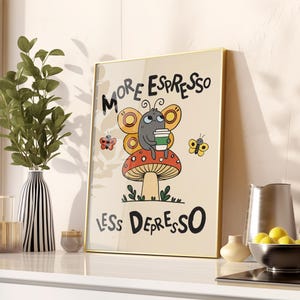 レトロプリント「More Espresso Less Depresso」、楽しいキッチンイラスト、トレンディなキッチンデコレーション、コーヒー好きのためのウォールアート、美しいカフェポスター MR8