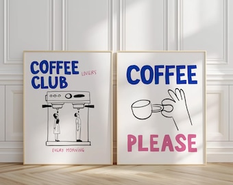 Coffee Wall Art Set | Retro Cute Coffee Prints | Kitchen Cafe Decor | Espresso Machine & Coffee Cup Poster | Barista Gift M1