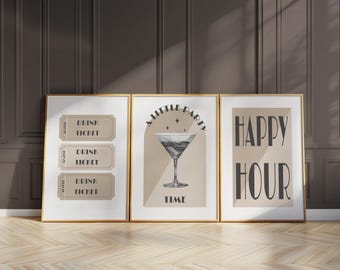 Cocktail Prints Wall Art Set, Martini Poster for Kitchen or Dining Room, Minimalist Modern Bar Decor, Neutral Unframed Artwork D09