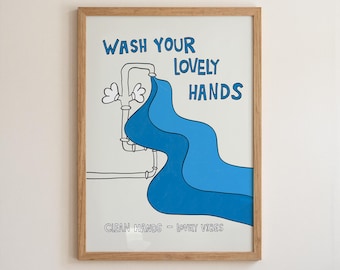 Hand Drawn Wash Your Hands Print, Retro Bathroom Wall Art MR22